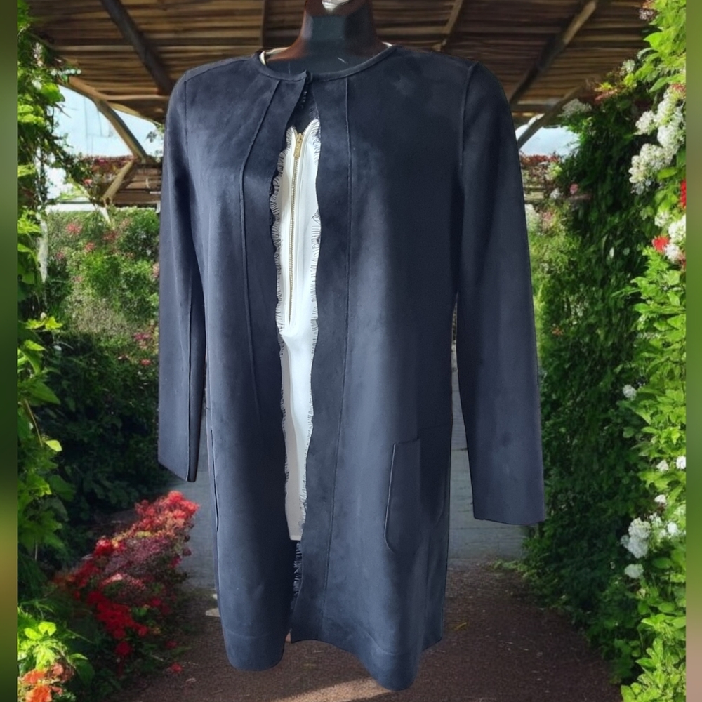🆕️ Joan Vass Super Soft Faux Leather/Suede Open Front Cardigan Jacket With Lace